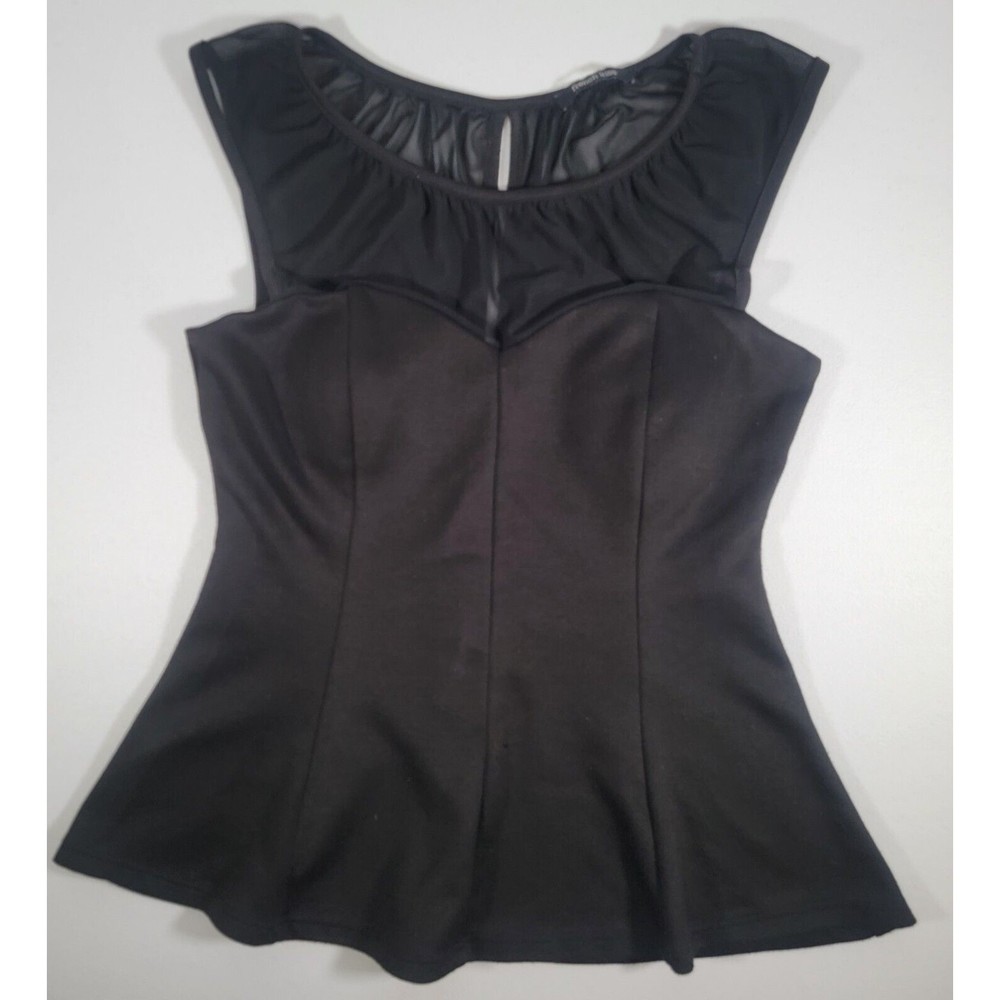 French Kiss Black Peplum Corset Women's Top Size Small Sheer Mesh Open Back